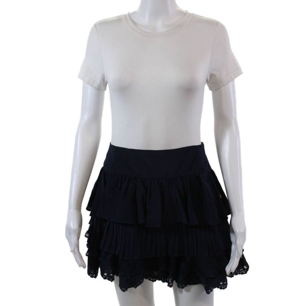 Tt Womens Silk Embroidered Pleated A Line Mini Skirt Navy Blue Size 2